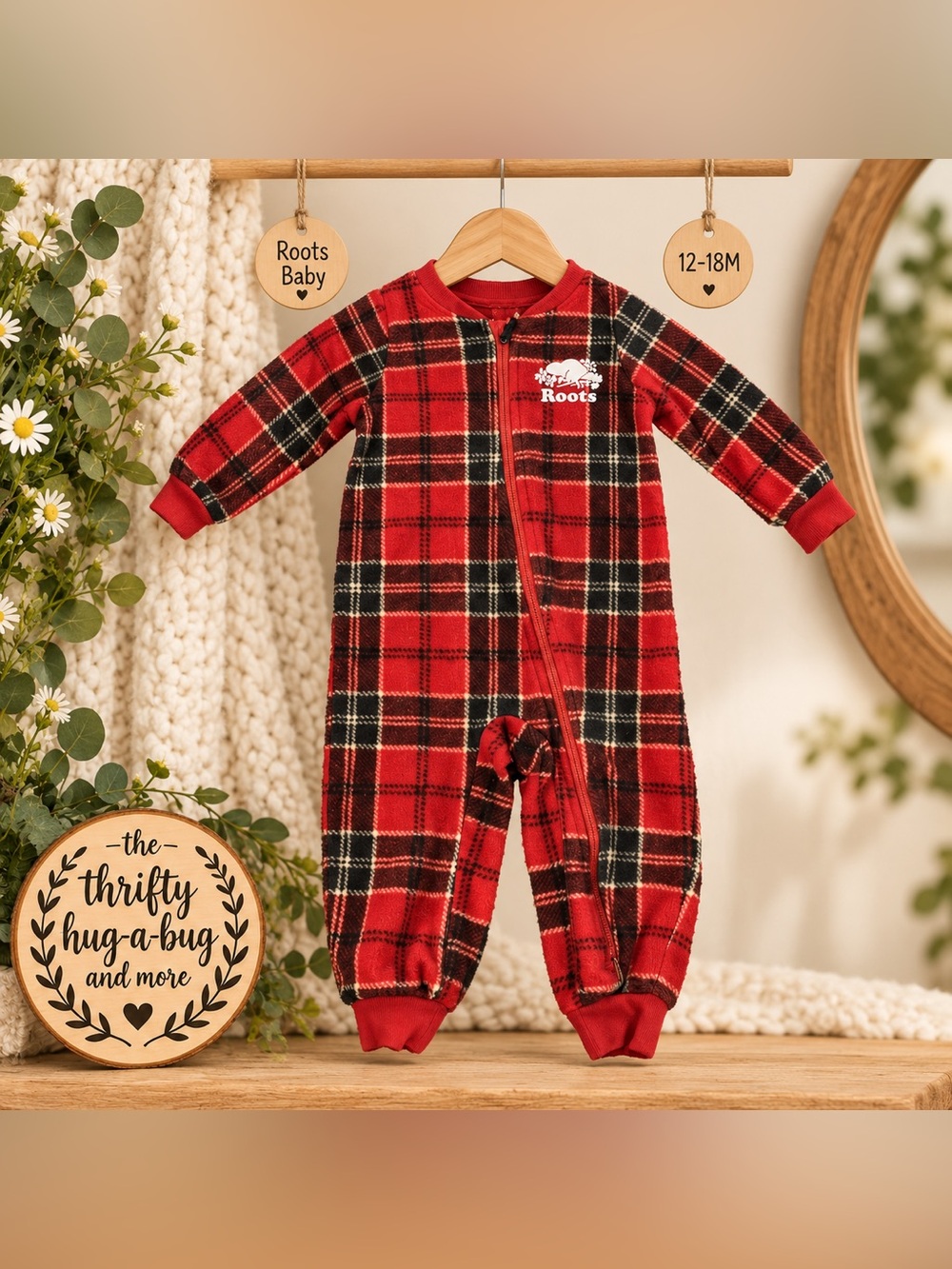 Roots Baby 12–18M Red Plaid Fleece Footless Sleeper Zip-Up Pajamas